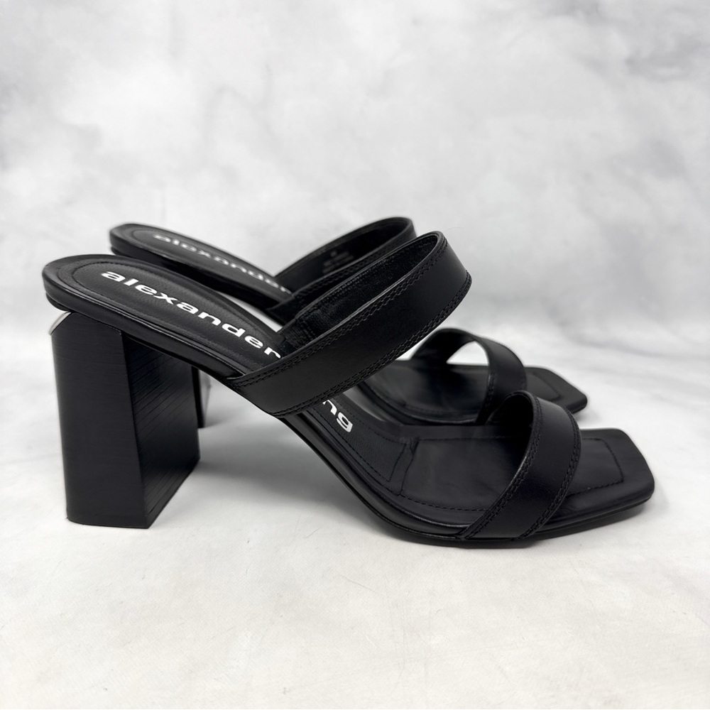 Alexander Wang Hayden Leather Square Toe Minimalist Slide Mule Sandal Heel Black - Picture 5 of 16